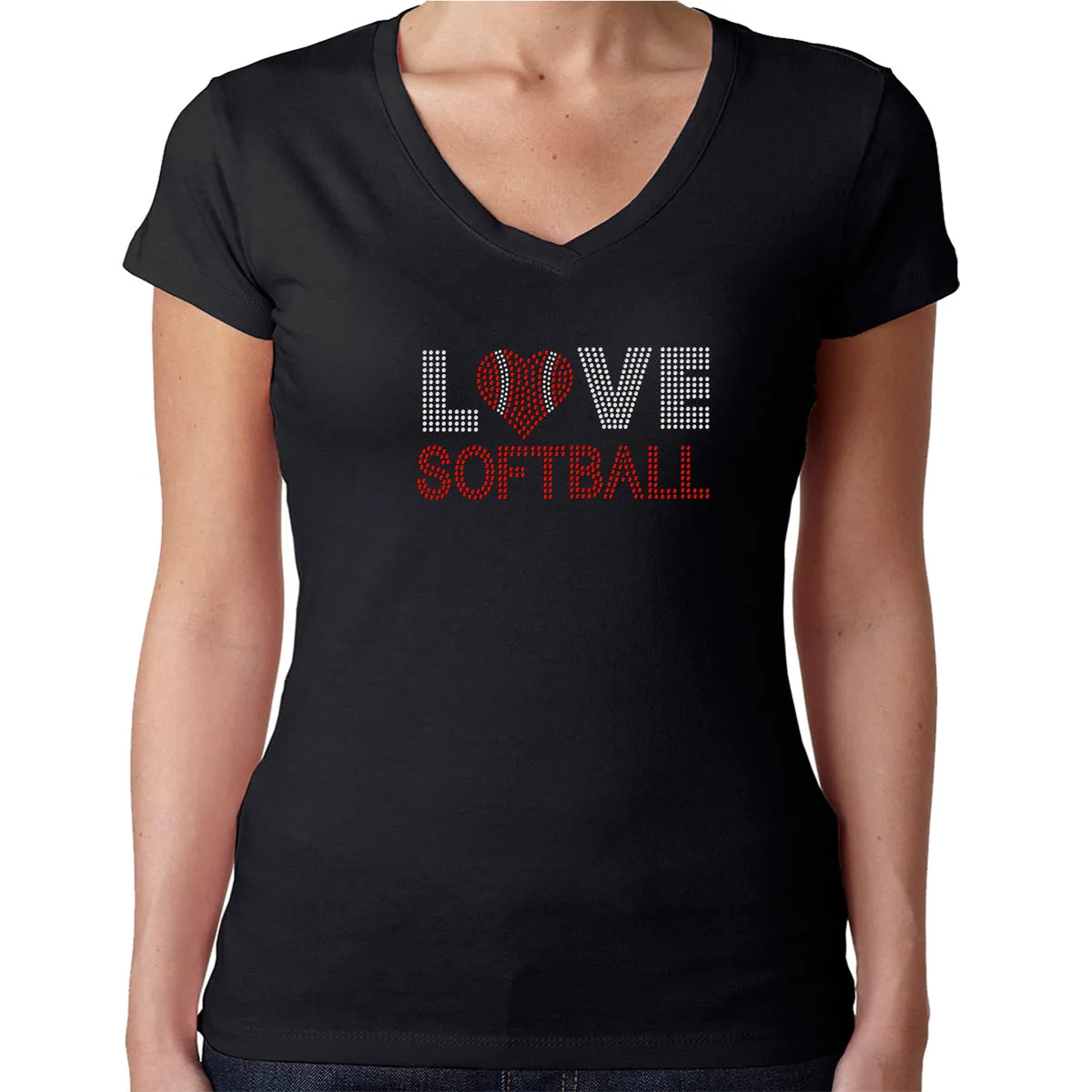 Womens T-Shirt Rhinestone Bling Black Fitted Tee Love Softball Red Heart Ball