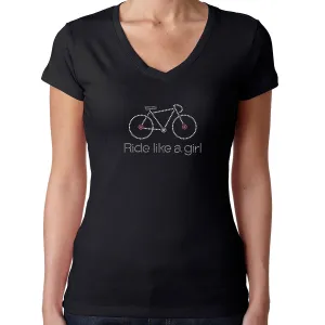 Womens T-Shirt Rhinestone Bling Black Fitted Tee Ride Like a Girl Bike Bicycle